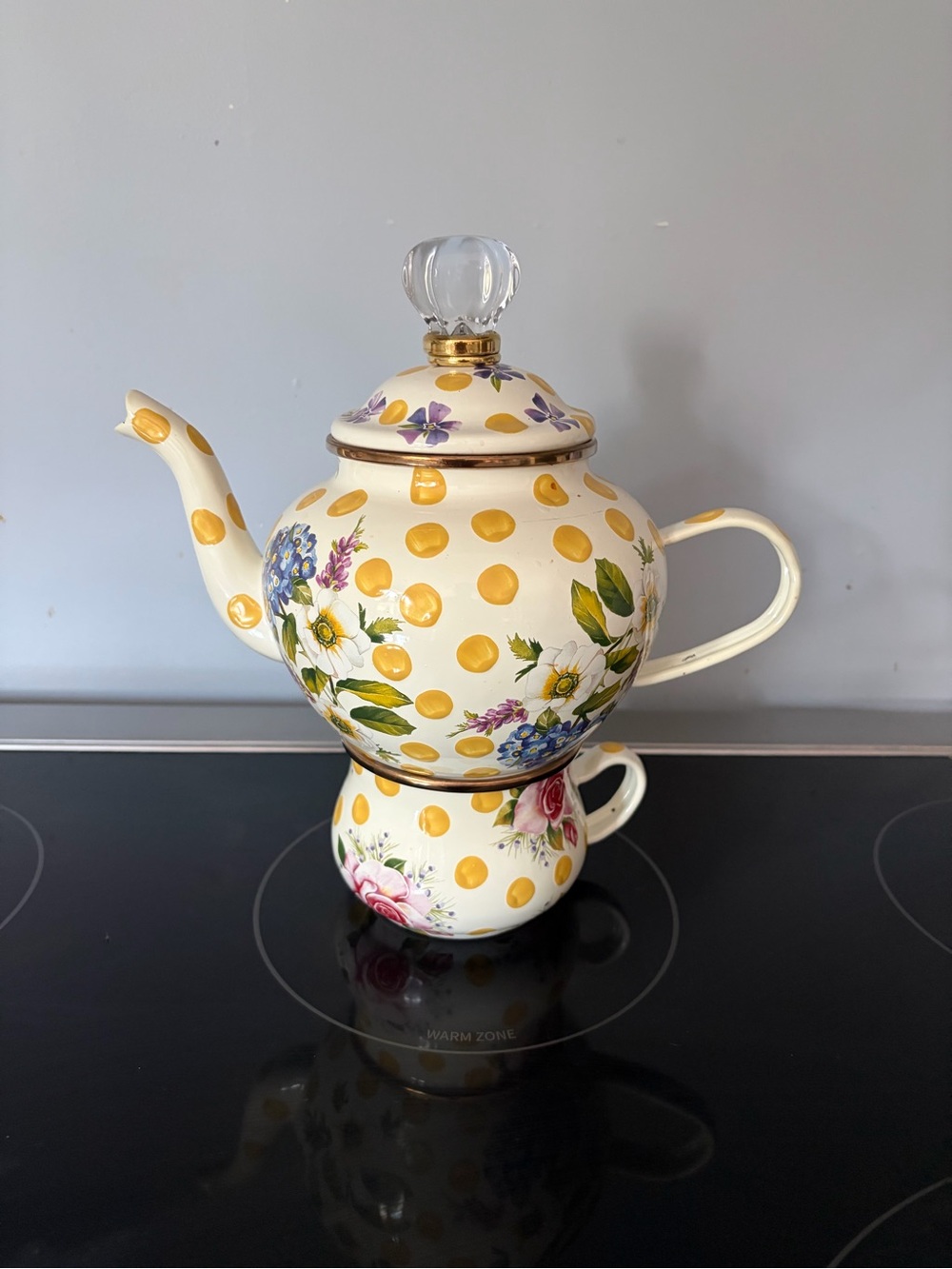 MacKenzie-Childs Cream and Yellow Polka Dot Floral Teapot and Cup Set